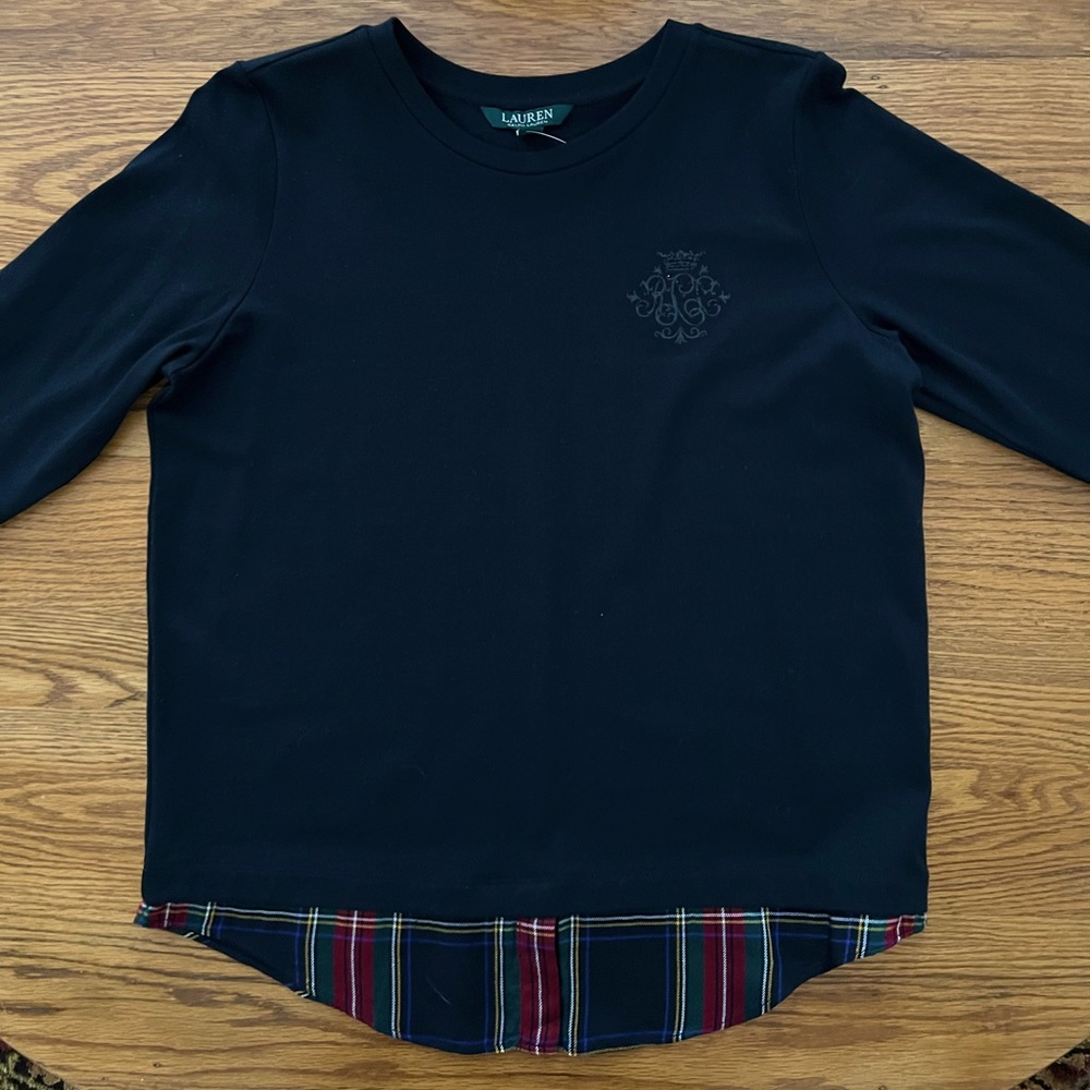 NWT Black Lauren Ralph Lauren knit 3/4 sleeve top with plaid “shirt tail”.